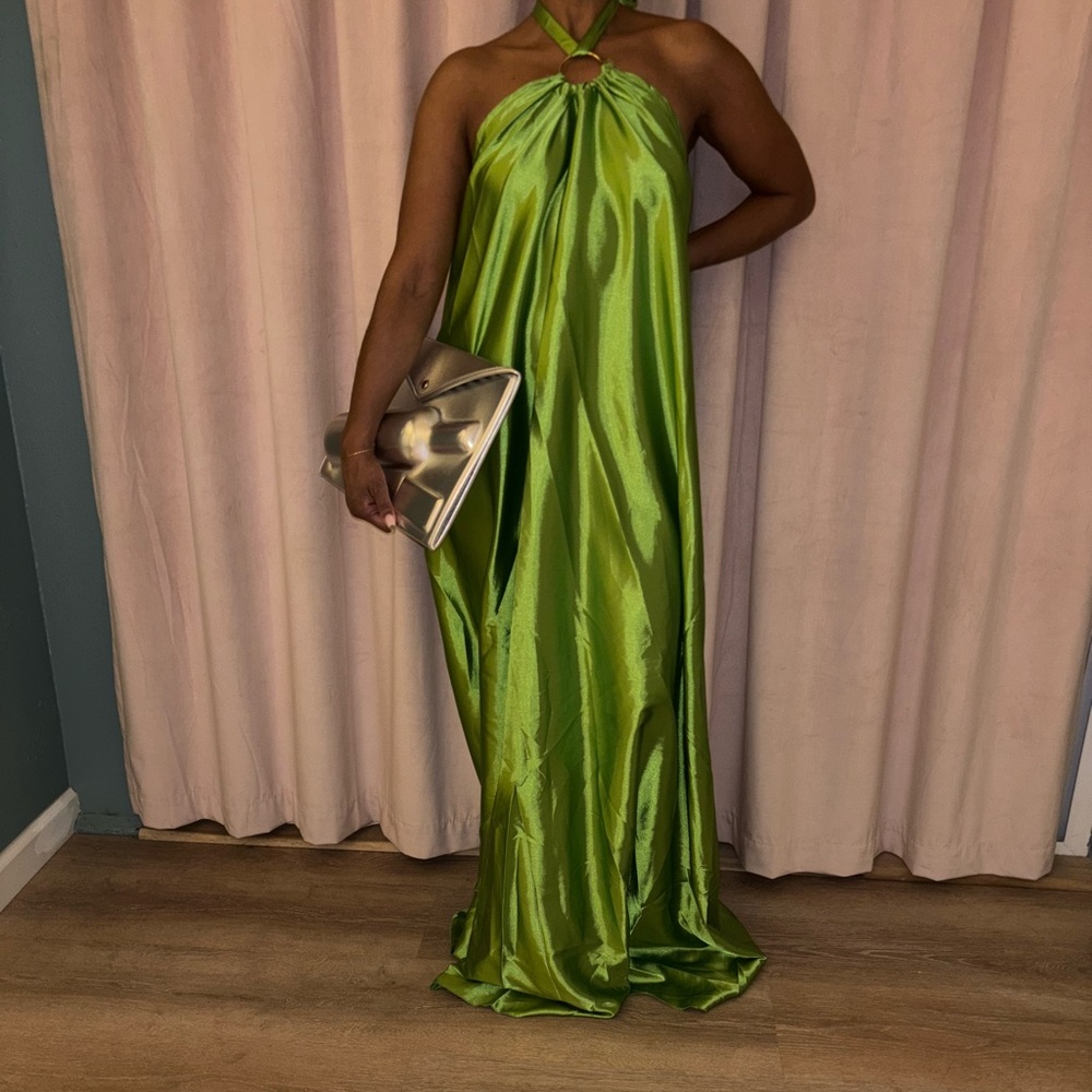 Elegant Green Satin Halter Dress